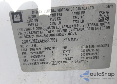 2014 GMC Terrain Sle z USA, uszkodzony, nr VIN 2GKALMEK4E6330501